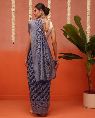 Blue woven cotton blend traditional saree with blouse piece 3