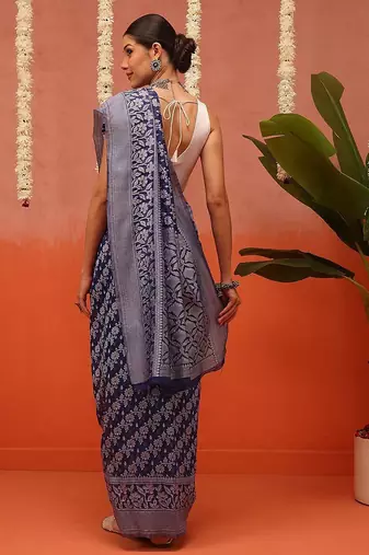 Blue woven cotton blend traditional saree with blouse piece