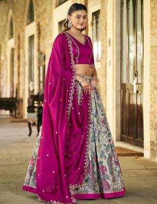 Fantastic Cream Kalamkari Print Silk Event Wear Half Saree Lehenga 2