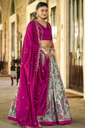 Fantastic Cream Kalamkari Print Silk Event Wear Half Saree Lehenga
