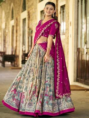 Fantastic Cream Kalamkari Print Silk Event Wear Half Saree Lehenga 3