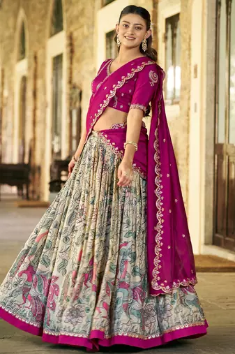 Fantastic Cream Kalamkari Print Silk Event Wear Half Saree Lehenga