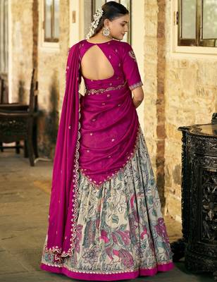 Fantastic Cream Kalamkari Print Silk Event Wear Half Saree Lehenga 4