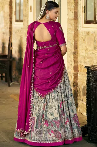 Fantastic Cream Kalamkari Print Silk Event Wear Half Saree Lehenga