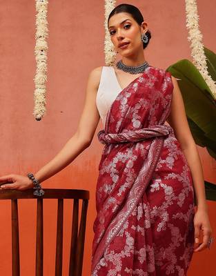 Maroon woven cotton blend traditional saree with blouse piece 1