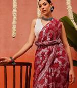 Maroon woven cotton blend traditional saree with blouse piece