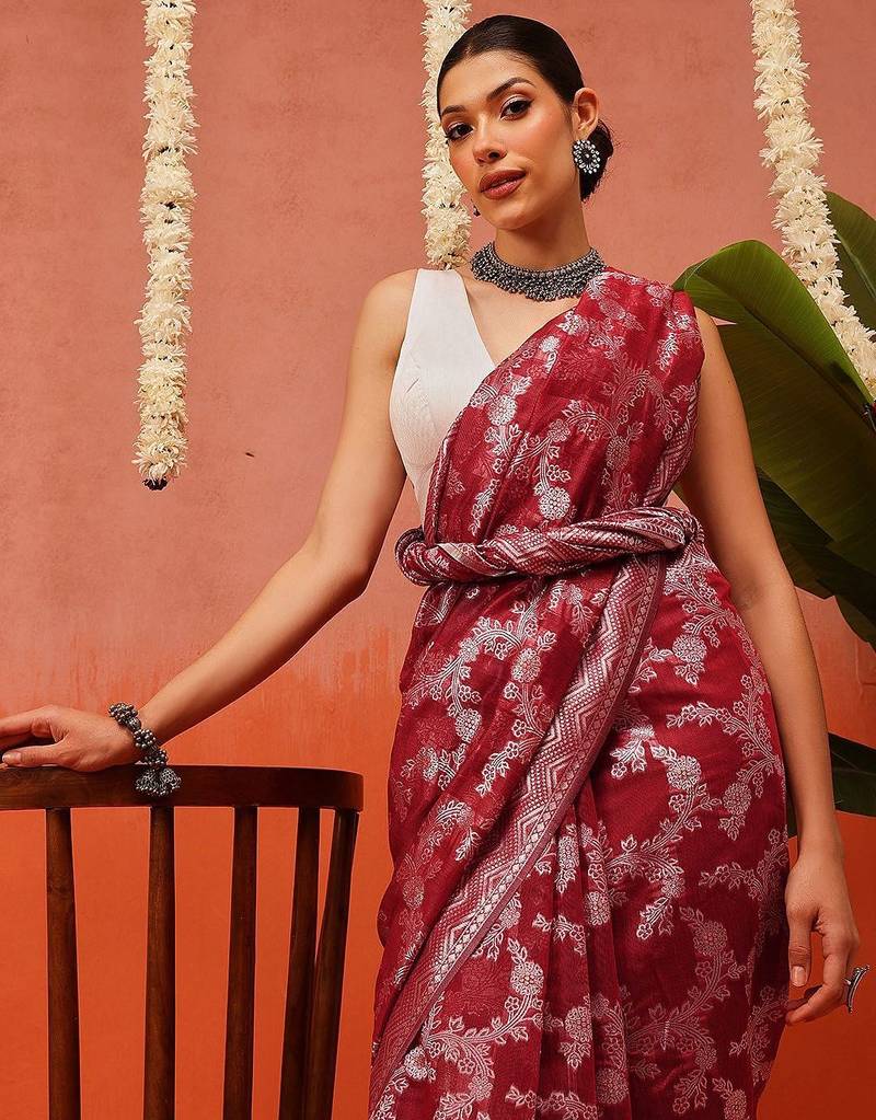 Maroon woven cotton blend traditional saree with blouse piece