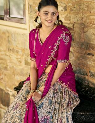 Fantastic Cream Kalamkari Print Silk Event Wear Half Saree Lehenga 5