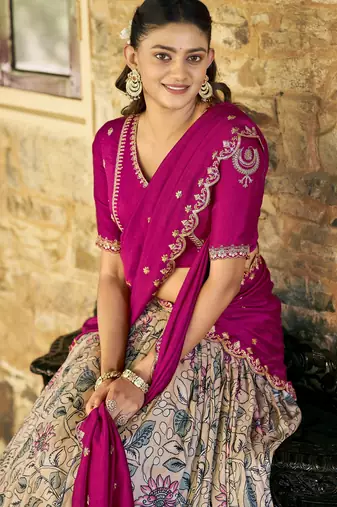 Fantastic Cream Kalamkari Print Silk Event Wear Half Saree Lehenga