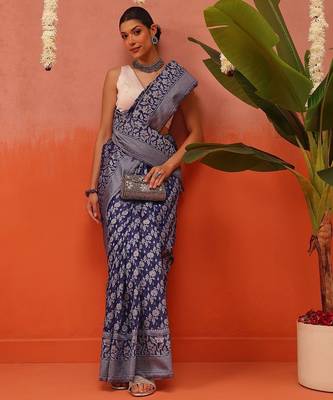 Blue woven cotton blend traditional saree with blouse piece 4
