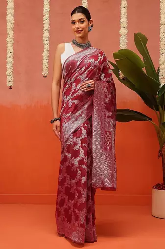 Maroon woven cotton blend traditional saree with blouse piece