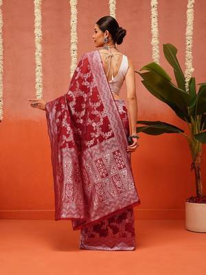 Maroon woven cotton blend traditional saree with blouse piece 3