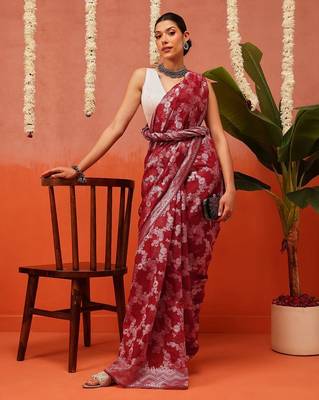 Maroon woven cotton blend traditional saree with blouse piece 4