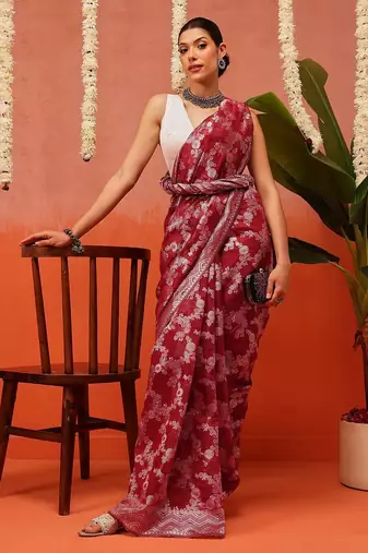 Maroon woven cotton blend traditional saree with blouse piece