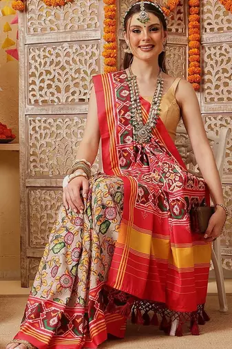 Mustard printed silk cotton ethnic saree with blouse piece