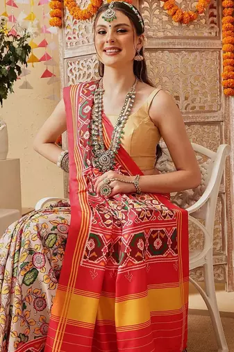 Mustard printed silk cotton ethnic saree with blouse piece