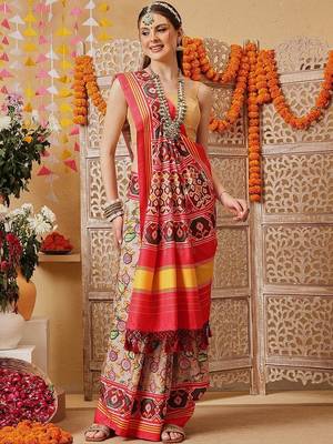 Mustard printed silk cotton ethnic saree with blouse piece 3