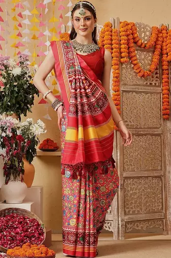 Red printed silk cotton ethnic saree with blouse piece