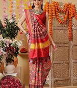 Red printed silk cotton ethnic saree with blouse piece