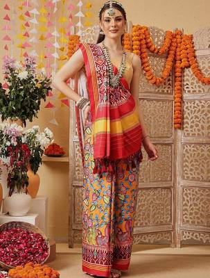 Multicolor printed silk cotton ethnic saree with blouse piece 1