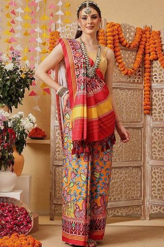 Multicolor printed silk cotton ethnic saree with blouse piece