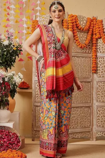 Multicolor printed silk cotton ethnic saree with blouse piece