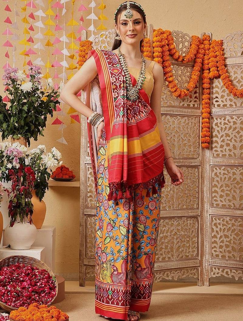 Multicolor printed silk cotton ethnic saree with blouse piece
