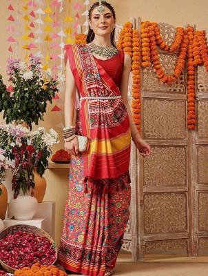 Red printed silk cotton ethnic saree with blouse piece 4
