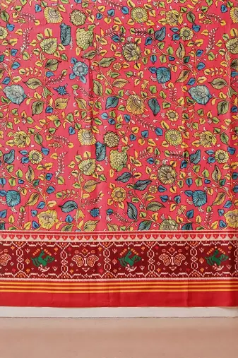 Red printed silk cotton ethnic saree with blouse piece