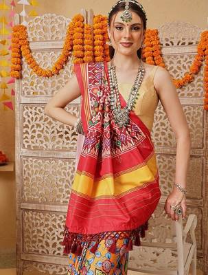 Multicolor printed silk cotton ethnic saree with blouse piece 2