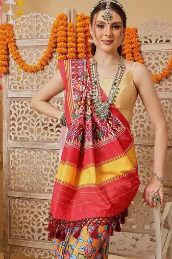 Multicolor printed silk cotton ethnic saree with blouse piece