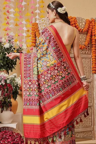 Multicolor printed silk cotton ethnic saree with blouse piece