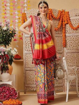 Multicolor printed silk cotton ethnic saree with blouse piece 4