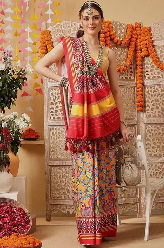 Multicolor printed silk cotton ethnic saree with blouse piece