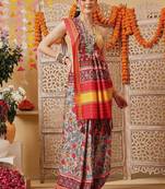 Red printed silk cotton ethnic saree with blouse piece