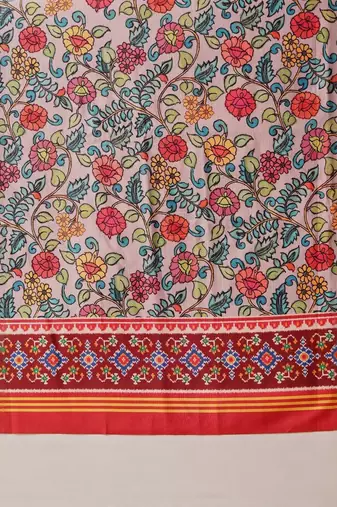 Red printed silk cotton ethnic saree with blouse piece
