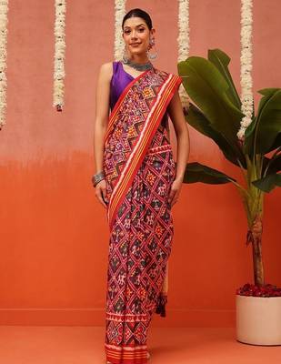 Red printed silk blend ethnic saree with blouse piece 1