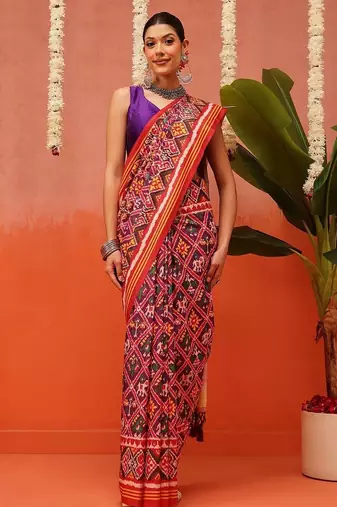 Red printed silk blend ethnic saree with blouse piece