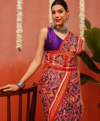 Red printed silk blend ethnic saree with blouse piece 2