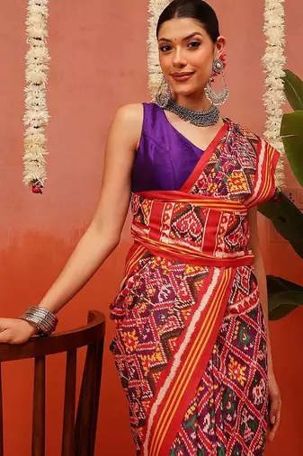 Red printed silk blend ethnic saree with blouse piece