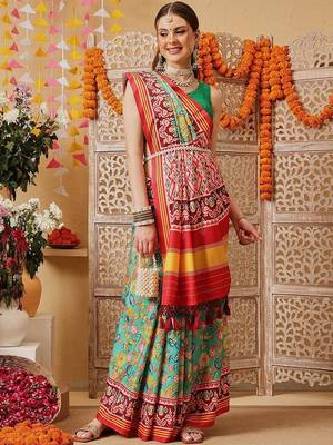 Mustard printed silk cotton ethnic saree with blouse piece 3