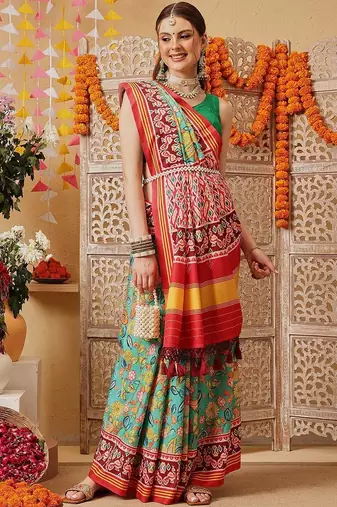 Mustard printed silk cotton ethnic saree with blouse piece