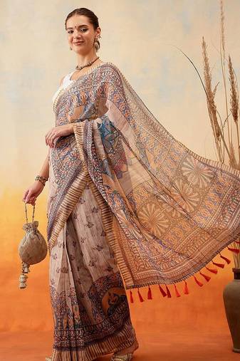 Grey printed cotton blend ethnic saree with blouse piece
