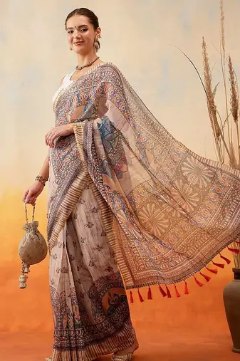 Grey printed cotton blend ethnic saree with blouse piece
