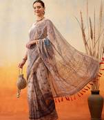 Grey printed cotton blend ethnic saree with blouse piece