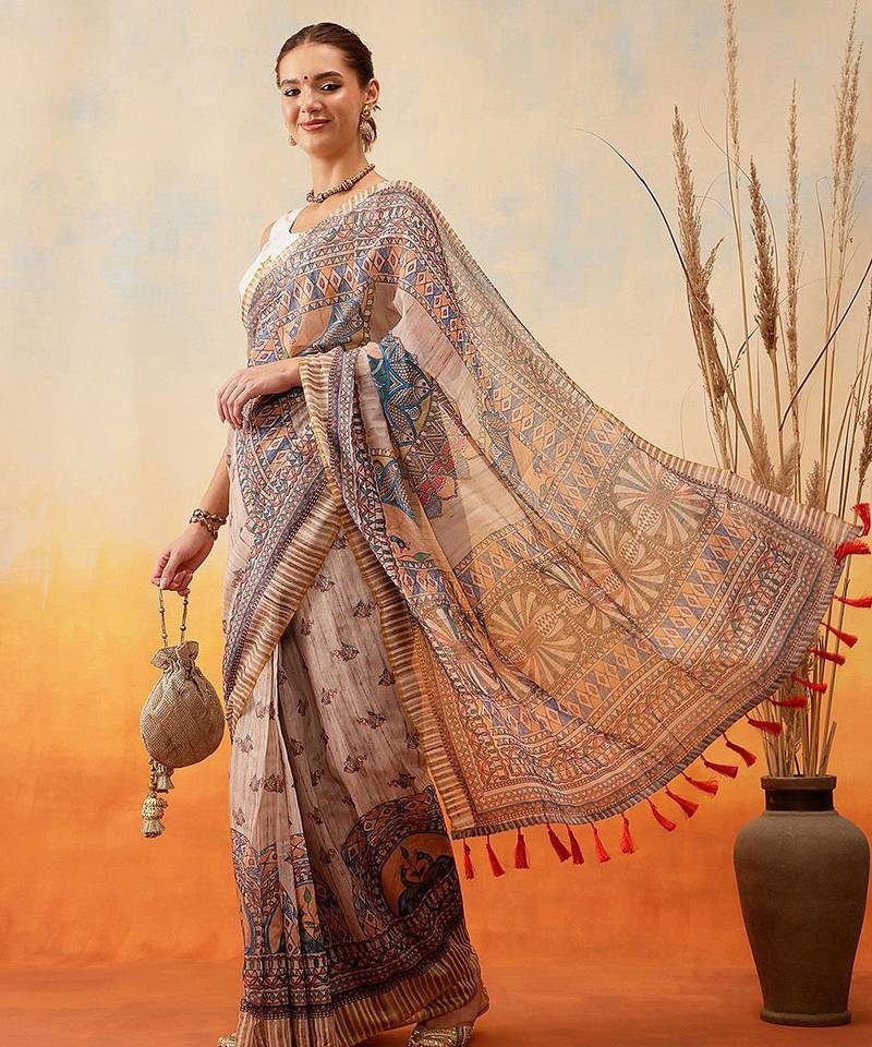 Grey printed cotton blend ethnic saree with blouse piece