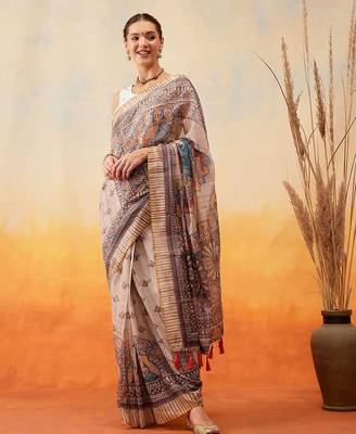 Grey printed cotton blend ethnic saree with blouse piece 2