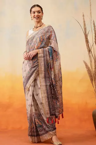 Grey printed cotton blend ethnic saree with blouse piece