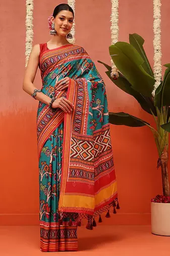 Blue printed silk blend ethnic saree with blouse piece