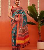 Blue printed silk blend ethnic saree with blouse piece